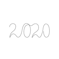 2020 inscription, two thousand and twenty continuous line drawing, calendar design postcard banner, calligraphy year of the rat sign lettering, single line on a white background, vector line art.