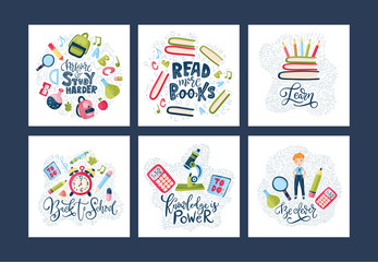Vector school card set. Back to school poster collection with education supplies, books and lettering quotes in cartoon flatt and doodle style. Stationery illustration.
