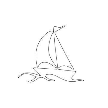 Sailboat continuous line drawing, sailing boat silhouette, yacht in the sea single line on a white background, isolated vector illustration, tattoo, print and logo design.