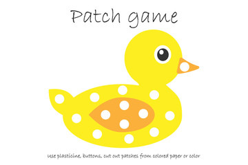 Education Patch game duck for children to develop motor skills, use plasticine patches, buttons, colored paper or color the page, kids preschool activity, printable worksheet, vector illustration