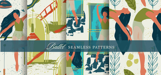 Ballet dancer girl seamless pattern set. Abstract vector illustration. Flat and Hand drawn brush ink textured art collection.