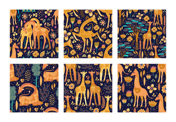Seamless patten vector set with cute hand drawn ornate giraffes in scandinavian style. Africa animal background collection. Summer safari fashion flat giraffe illustrations.