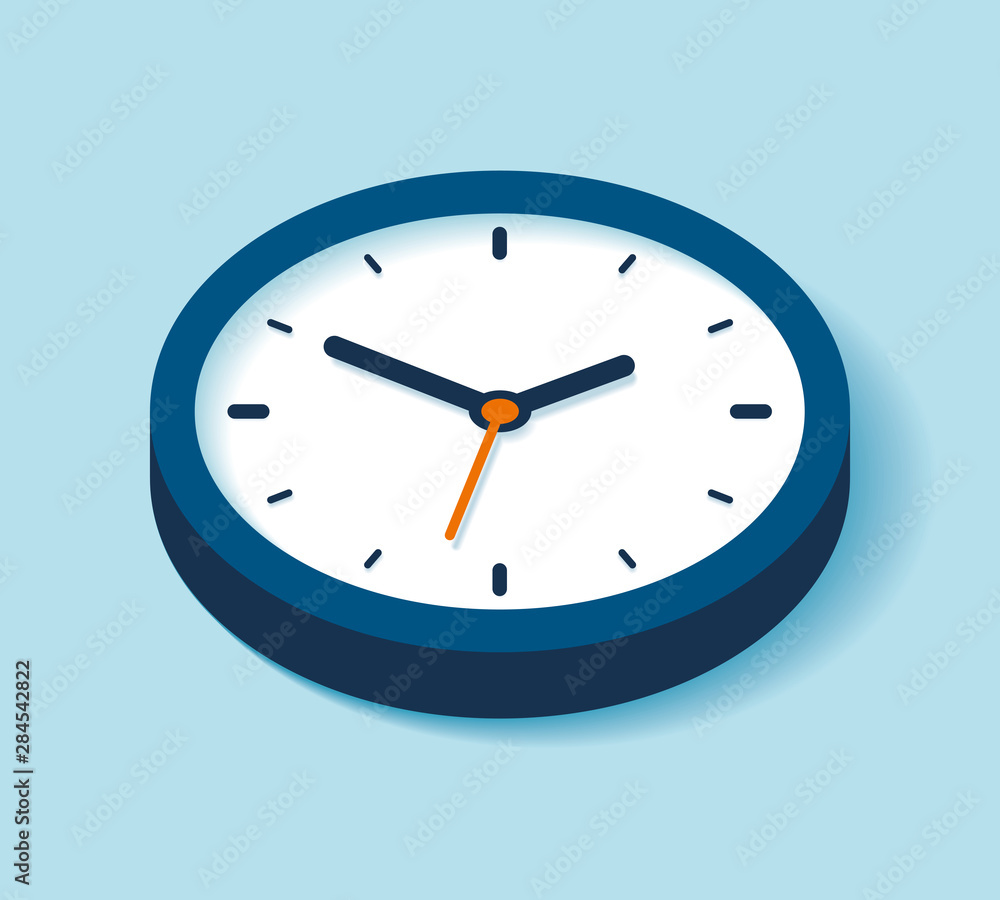 Poster 3d clock icon in flat style, timer on blue background. business watch. vector design element for you