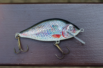 Plastic floating fishing wobbler imitating crucian carp. Bait with hooks. Natural color. View from above. © Mikhail