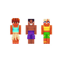 Pixels beach life abstract characters characters low poly set. Men and women in summer clothes video game character, isolated vector illustration. 8-bit sprite. Design for sticker, web, mobile app. 