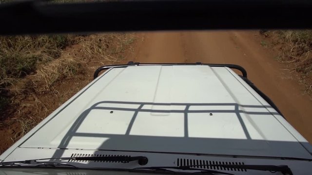 Tanzania National Park, African Safari. Off-road Vehicle Moving on Dusty Road in Savanna, POV