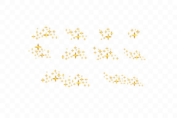 Set of golden falling stars. Cloud of golden stars isolated on transparent background. Vector illustration. Meteoroid, comet, asteroid, stars