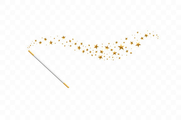 Magic wand with a stars on transparent background. Trace of gold dust. Magic abstract background isolated. Miracle and magic. Vector illustration flat design