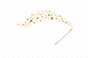 Magic wand with a stars on transparent background. Trace of gold dust. Magic abstract background isolated. Miracle and magic. Vector illustration flat design