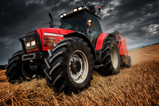 Fototapeta farmer in fields making straw bales