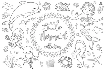 Cute little mermaid and underwater world set Coloring book page for kids. Collection of design element, outline, doodle style. Kids baby clip art antistress. Vector illustration
