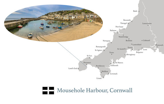 Map of Cornwall, featuring photographic image of, Mousehole Harbour, and key towns in Cornwall marked on map.