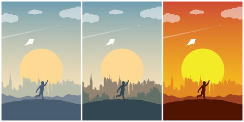 Set of posters with concept of happiness and freedom or travel and tourism. The boy runs up a hill and letting the kite. Silhouette of a child on a background of a cityscape, a sun and a sky.