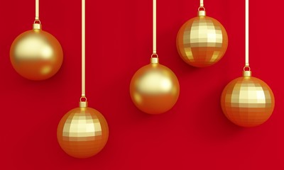 Golden Christmas balls with ribbons on a red background. Greeting card. 3d rendering