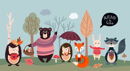 Autumnal poster/banner with funny animals on seasonal background, vector design
