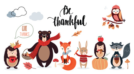 Obraz premium Thanksgiving poster with cute animals isolated on white background