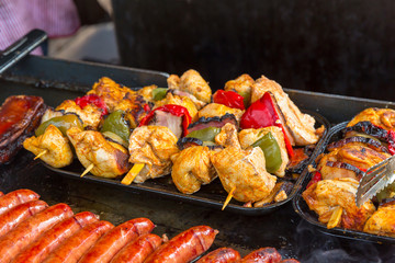 Fresh meat with vegetables on skewers,
