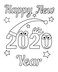 Lettering, typography, calligraphy. Black happy new 2020 year vertical for decoration design. Children's vector illustration, for coloring, drawing, antistress, greeting card for grandparents