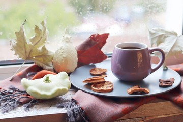  Cup of tea on the background of the window, behind which rain, pumpkins, a warm scarf, leaves, autumn season, the concept of home comfort