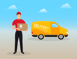 Fast delivery man in red uniform standing in front of delivery van and holding boxes. Vector illustration