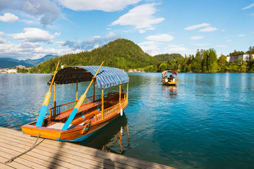 Naklejka na ściany i meble Pletna boat on Lake Bled, Slovenia
