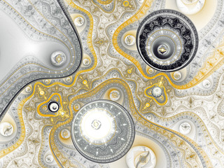Yellow and black fractal clockwork, digital artwork for creative graphic design