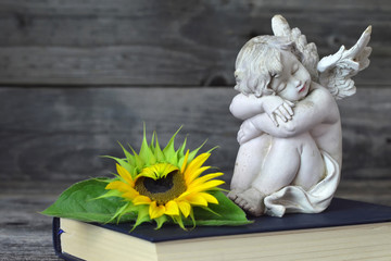 Close up of angel and sunflower on the book