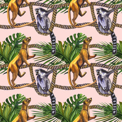 Watercolor lemurs on a rope tropical wildlife seamless pattern. Hand Drawn jungle nature, lemur, hibiscus flowers illustration