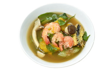 boiled spicy mixed vegetable with shrimp and smoked dry fish soup on bowl