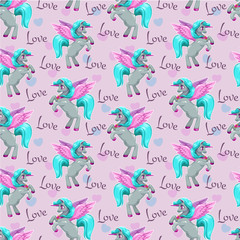 Fototapeta premium Fantasy wallpaper tle with cute pegasus. Beautiful fairy seamless pattern.