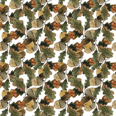 acorns on a branch with oak leaves, autumn watercolor , seamless pattern