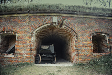 Fototapeta na wymiar Old military german shelter. Poland. Old wooden wagon