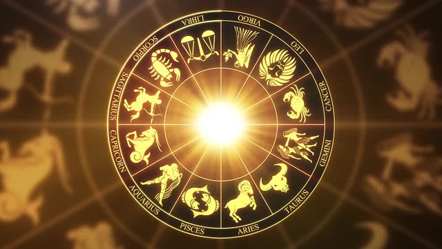 Zodiac Horoscope Signs on a spinning wheel Seamless Looping Motion Background Version 02 Golden Brown Yellow Orange
