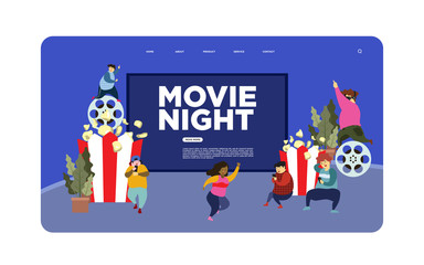Movie night with friends. Watching film on big screen with sound system. Open air cinema, outdoor movie theater, backyard theater gear concept. Bright vibrant violet vector isolated illustration