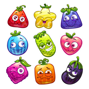 Funny cartoon colorful fantasy fruits set. Plant characters collection.