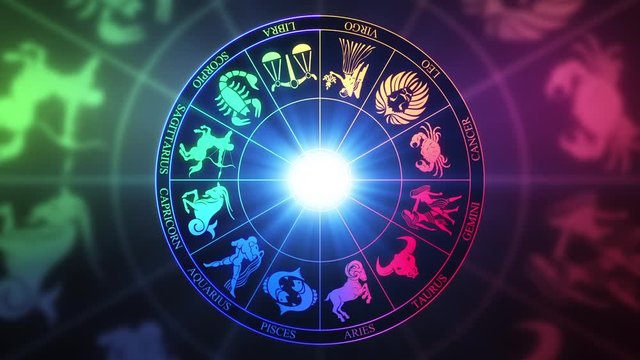 Zodiac Horoscope Signs on a spinning wheel Seamless Looping Motion Background Version 02 Multicolor