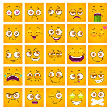 Emoji face. Funny square cartoon yellow faces set. Comic stickers collection.