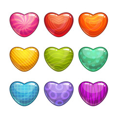 Cute cartoon colorful glossy heart shaped candies.