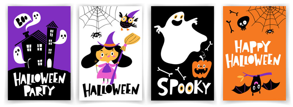 Set of vector Halloween party posters in cartoon flat style