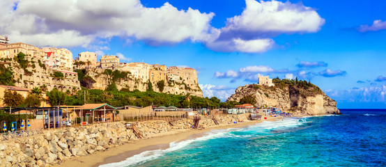 Italian summer holidays - beautiful Tropea town with great beach. Calabria, Italy - obrazy, fototapety, plakaty