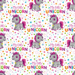 Seamless pattern with cute cartoon unicorn toy. Funny childish texture for textile printing.