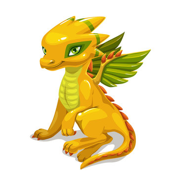 Cute catoon yellow fantasy dragon. Fantastic animal concept.