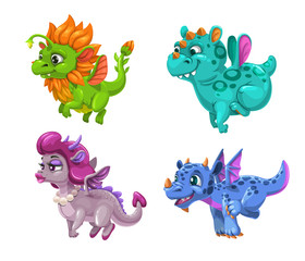 Little cute cartoon dragons set. Colotful fantasy monsters.