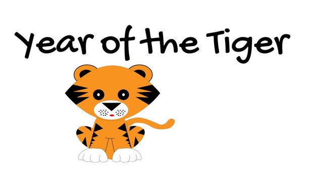 Chinese Horoscope tiger animated on white with New Year greeting.