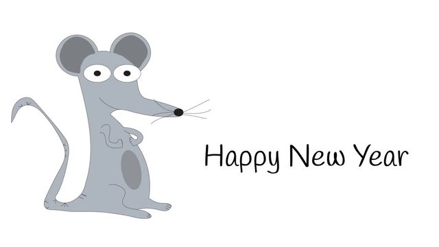 Chinese Horoscope rat animated on white with New Year greeting.