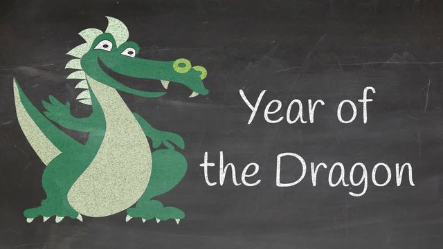 Chinese Horoscope dragon animated on chalkboard with New Year greeting.