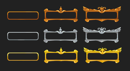 Metallic title banners set for epic game design. Golden, silver and bronze decorative frames. © lilu330
