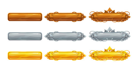 Metallic title banners set for epic game design. Golden, silver and bronze decorative frames.