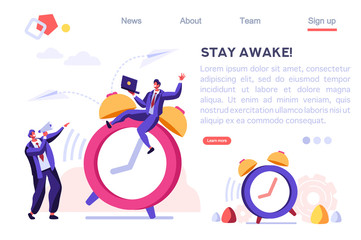 Morning Classic Minute Reminder. Work Deadline, Wake Alarm, Chronometer Concept. Bell on Time Device, Clock and People Ring. Cartoon Flat Vector Illustration Hero Image, Banner for Web Page.