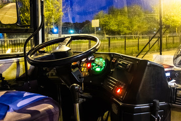 Dashboard with bright lights in an old bus